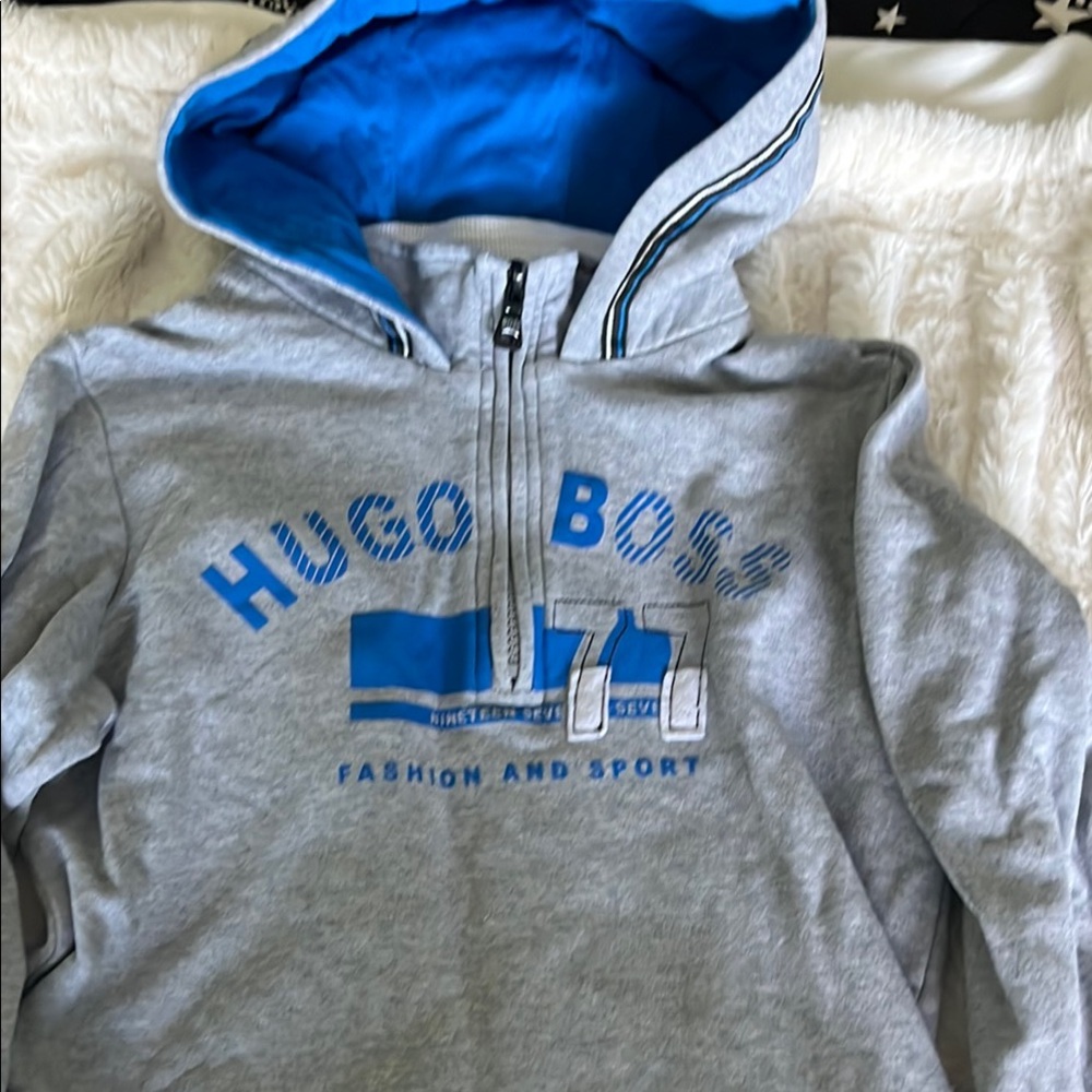 Hugo Boss Gray Hoodie with Vibrant Blue Interior